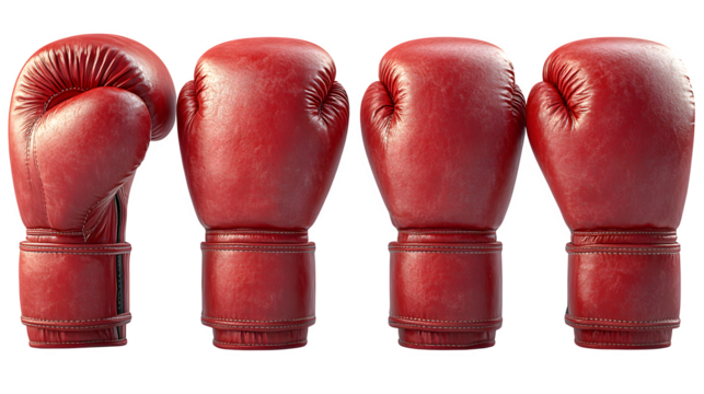 Set of red boxing gloves from multiple angles isolated on white background