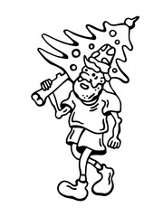 Vector black and white illustration of a bearded santa in shorts and t-shirt, with a cut down christmas tree in his hand, on a white isolated background