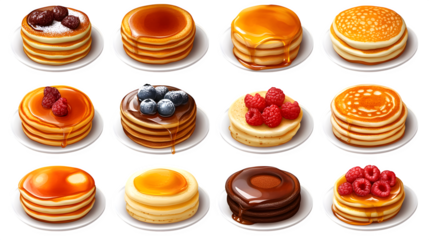 Pancake stacks with various syrup toppings, arranged in a breakfast set, isolated on white background
