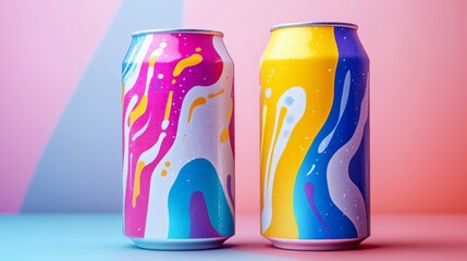 Obraz premium Colorful Abstract Cans with Water Drops on Pink Background