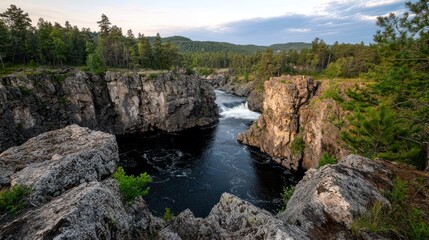 Fototapeta premium Scenic Waterfall Gorge, Evening View, Forest Background, Nature Escape