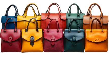 Set of stylish women?? leather handbags in various colors and shapes isolated on white background