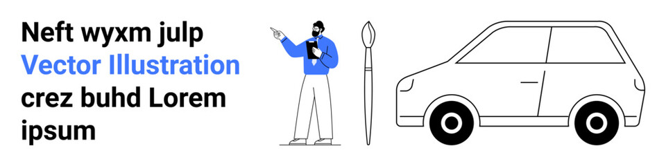 Man holding a booklet gestures beside a car illustration with a paintbrush emphasizing design. Ideal for creativity, presentation, innovation, education, automotive, branding, simple landing page