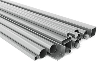Assorted steel pipes, square tubes, angle bars, and metal profiles arranged for construction, architecture, industrial manufacturing, fabrication, and engineering design projects. 3d render. 