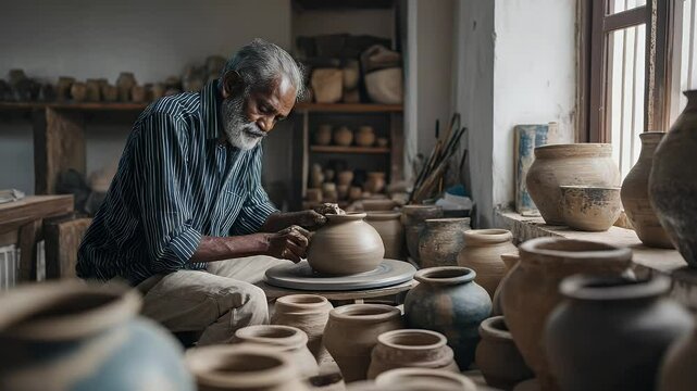 Elderly Craftsman Concentrating on Shaping Clay Pottery in a Sunlit Artisan Workshop
