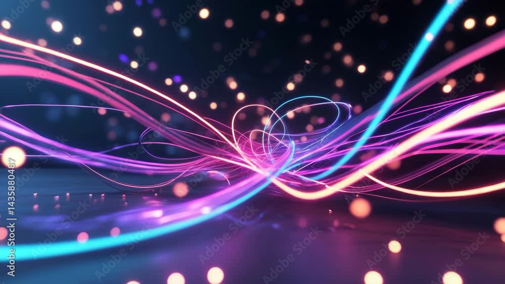 Poster abstract animation featuring glowing neon lines, bokeh lights, and dynamic energy streams on a black