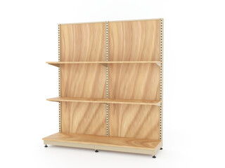 old book isolated. Wooden retail display shelf with adjustable levels on white background. Clean and simple design, ideal for supermarket, product presentation,  or commercial space use. 3d render.