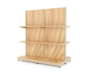 Wooden display shelf with multiple adjustable levels, isolated on white background. Suitable for supermarket, retail store, product showcase, commercial space, or shop interior design. 
3d render.