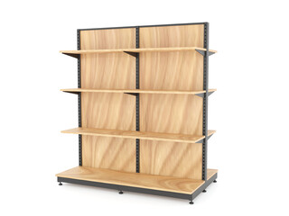 Wooden retail shelf with black frame and adjustable levels, isolated on white background. Perfect for supermarket, store, product display, commercial shop, or interior design use.
3d render.