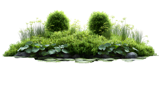 Peaceful wetland landscape with aquatic plants and still water isolated on white background