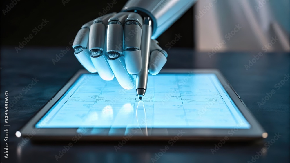 Poster a robotic hand interacts with a glowing touchscreen, showcasing advanced technology in digital commu