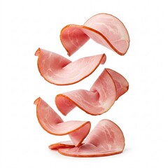 Falling slices of ham isolated on a white background. Meat delicacy, sandwich ingredient