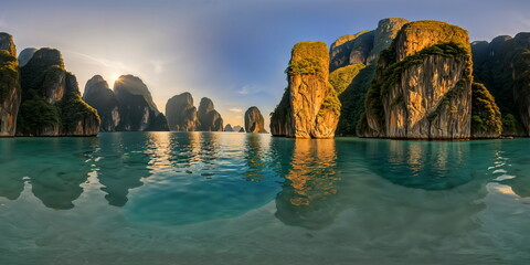 Tropical paradise, majestic ocean waters. Full 360 degrees seamless spherical panorama HDRI equirectangular projection. Texture environment map for lighting, reflection source rendering 3d scenes