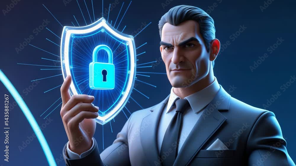Poster businessman displaying a glowing security shield with a lock icon, illustrating cybersecurity and in
