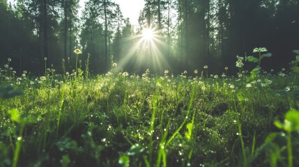 Obraz premium Sunlight streams through a forest meadow. Delicate wildflowers dot the lush green grass, glistening with morning dew