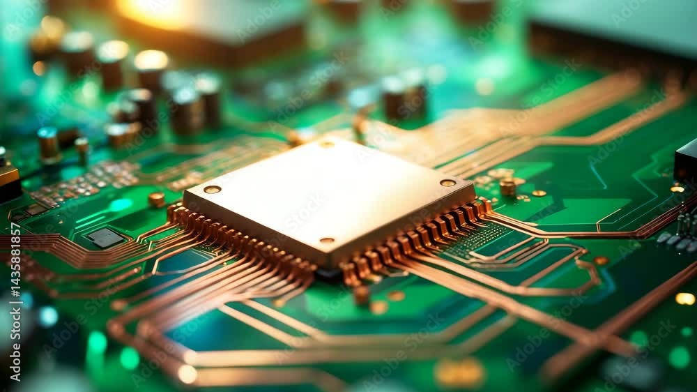 Poster close-up of a microchip on a green circuit board showcasing intricate electronic components and path
