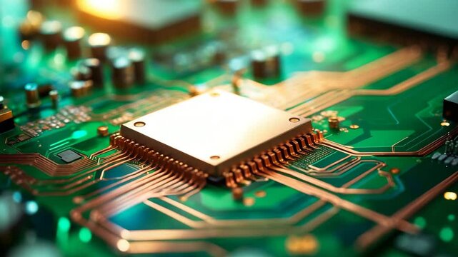 Close-up of a microchip on a green circuit board showcasing intricate electronic components and pathways