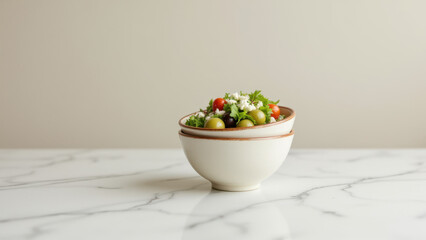 A bowl of fresh salad on a marble countertop.
