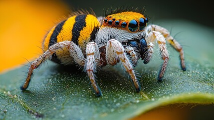 Fototapeta premium Close-up of a vibrant yellow and black jumping spider on a leaf.