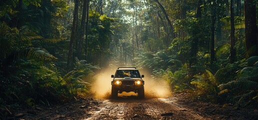 Suv driving muddy forest road exploring nature adventure