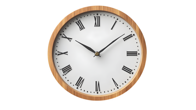 Simple modern wall clock with clear face and clean design isolated on white background