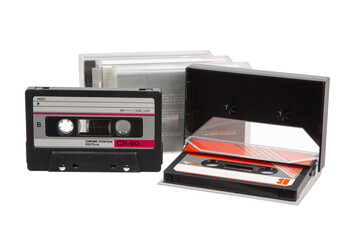 Obraz premium Close-up of an audio cassette with a sticker without text. Analog storage medium. Cassettes for audio recordings and music.