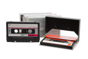 Close-up of an audio cassette with a sticker without text.  Analog storage medium. Cassettes for audio recordings and music.