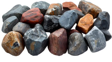 Pile of natural rock stones with rough textures and varied shapes isolated on white background