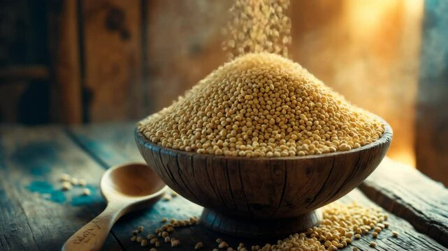 Millet croup served in a bowl alongside a spoon