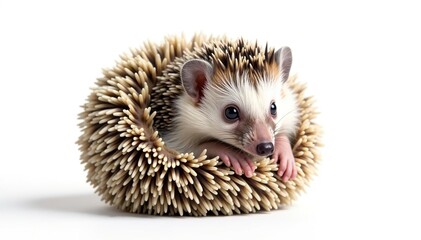 Obraz premium Tiny hedgehog curled in a ball, isolated on pure white background, nature, cute, hedgehog