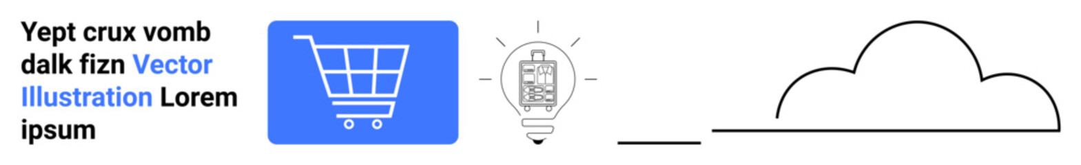 Shopping cart block, glowing light bulb with mobile app, minimal cloud outline. Ideal for app development, innovation, cloud computing, e-commerce, startups, online shopping simple landing page