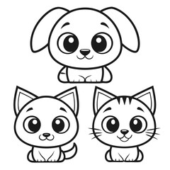 Adorable Puppy and Kitten Trio Black and White Cartoon Sketch