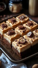 Close-up of delightful banana caramel dessert bars on a wooden tray, ready to eat.