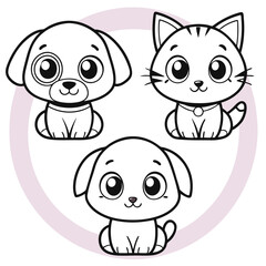 Puppy and Kitten Trio Fun Black and White Coloring Art