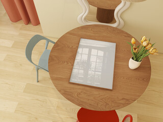 Blank poster on wood table, frame mockup for photoshop. Wall art mock up, colorful interior design scene