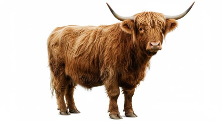 A full body shot of a highland cow standing on a white background with its horns visible clearly