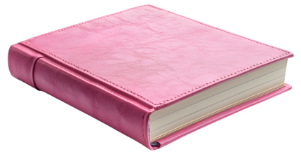 Pink hardcover school notebook top view, classroom supply item isolated on white background