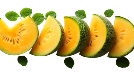 Sliced yellow melon and green watermelon arranged flat lay style, isolated on white background