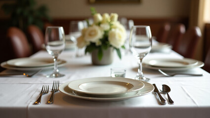 Fototapeta premium Table Setting. Symmetrically arranged cutlery and plates on the tablecloth. A festive table.