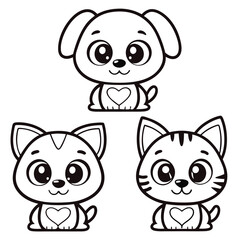Happy Puppy and Kitten Friends Black and White Line Drawing