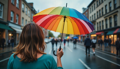Woman with colorful umbrella walking down the street