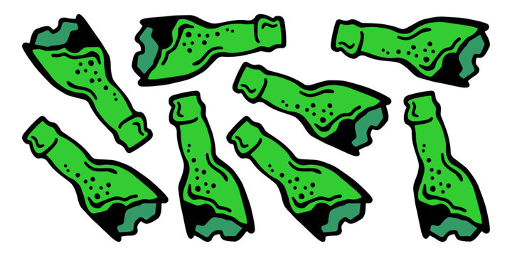 
Vector horizontal colored banner with a collection of the same type of broken glass bottles on a white isolated background