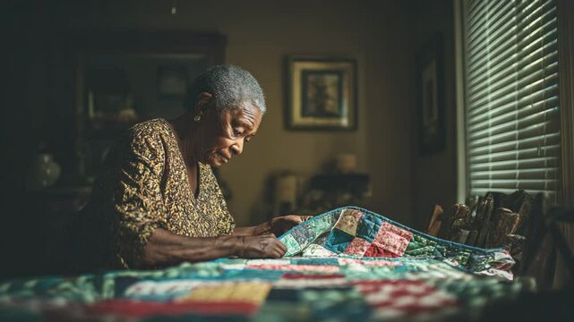 Elderly Woman Focusing on Crafting a Colorful Quilt with Sunlight Streaming Through Windows