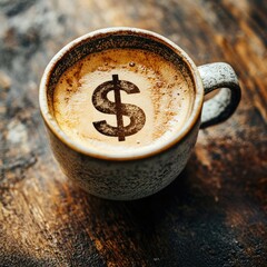 A cup of coffee with a dollar sign latte art