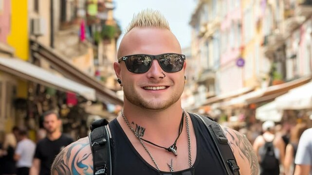 Smiling man with blond mohawk, sunglasses, and tattoos stands on busy outdoor urban street scene with colorful buildings.
