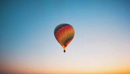Fototapeta premium Colorful Hot Air Balloon Peacefully Floating Against Clear Blue Sky