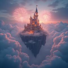 Magical Floating Castle Amidst Fiery Sky: A Fairy Tale Dreamscape with Clouds and Fireworks