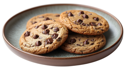 Plate filled with warm chocolate chip cookies, isolated on white background