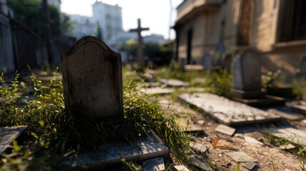 Sun-drenched overgrown cemetery tombstones