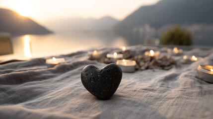 Fototapeta premium Stone heart on linen fabric, surrounded by candles at sunset, creating a serene, romantic ambiance, ideal for Valentine's Day or relaxation themes